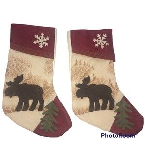 2-Moose Tree Snowflake Motif Christmas Stocking Country Rustic Woods Cabin Cream